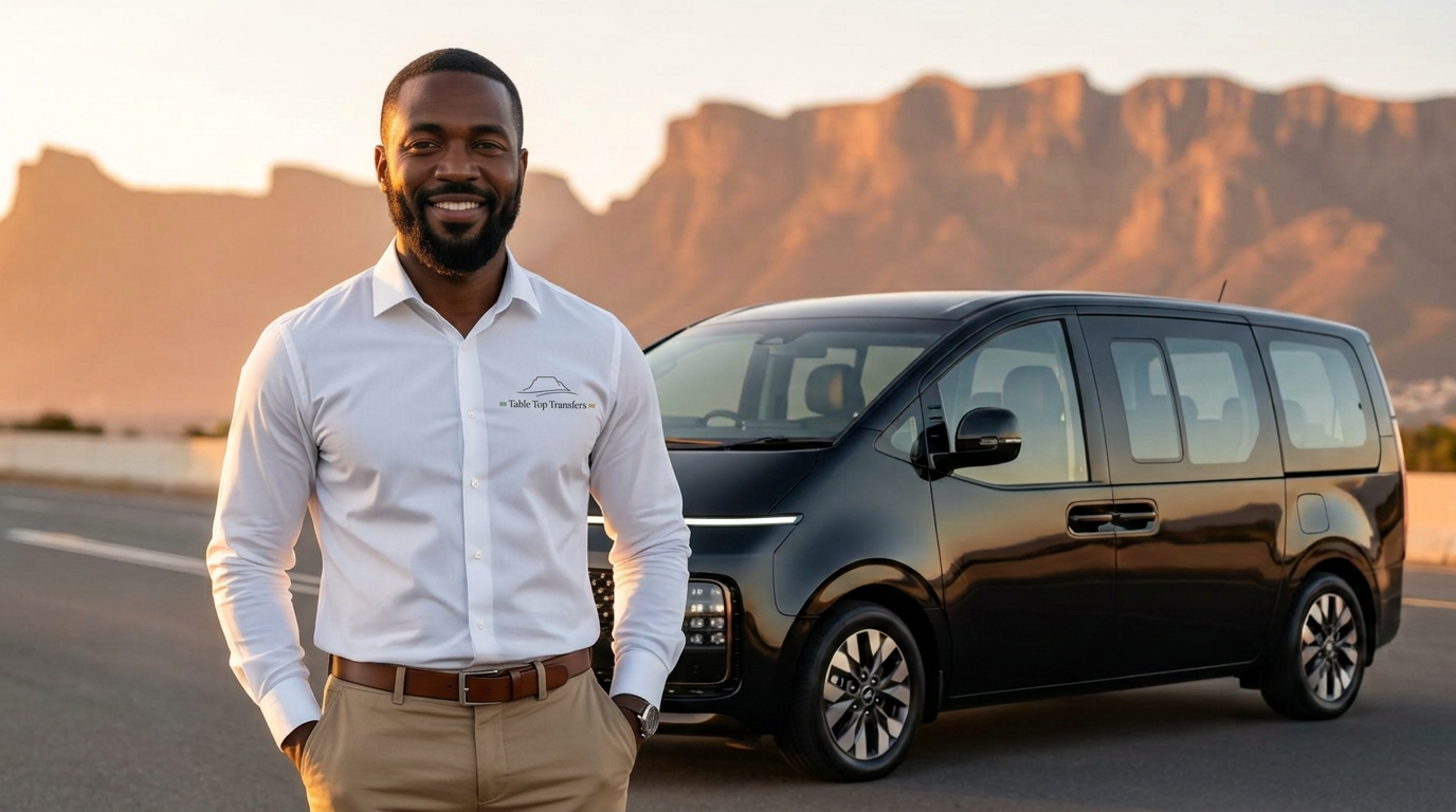 Your personal driver waiting beside a black people carrier with Table Mountain behind