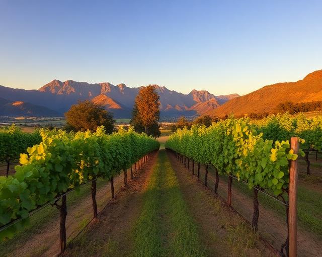 Vineyard rows in Stellenbosch with mountains beyond